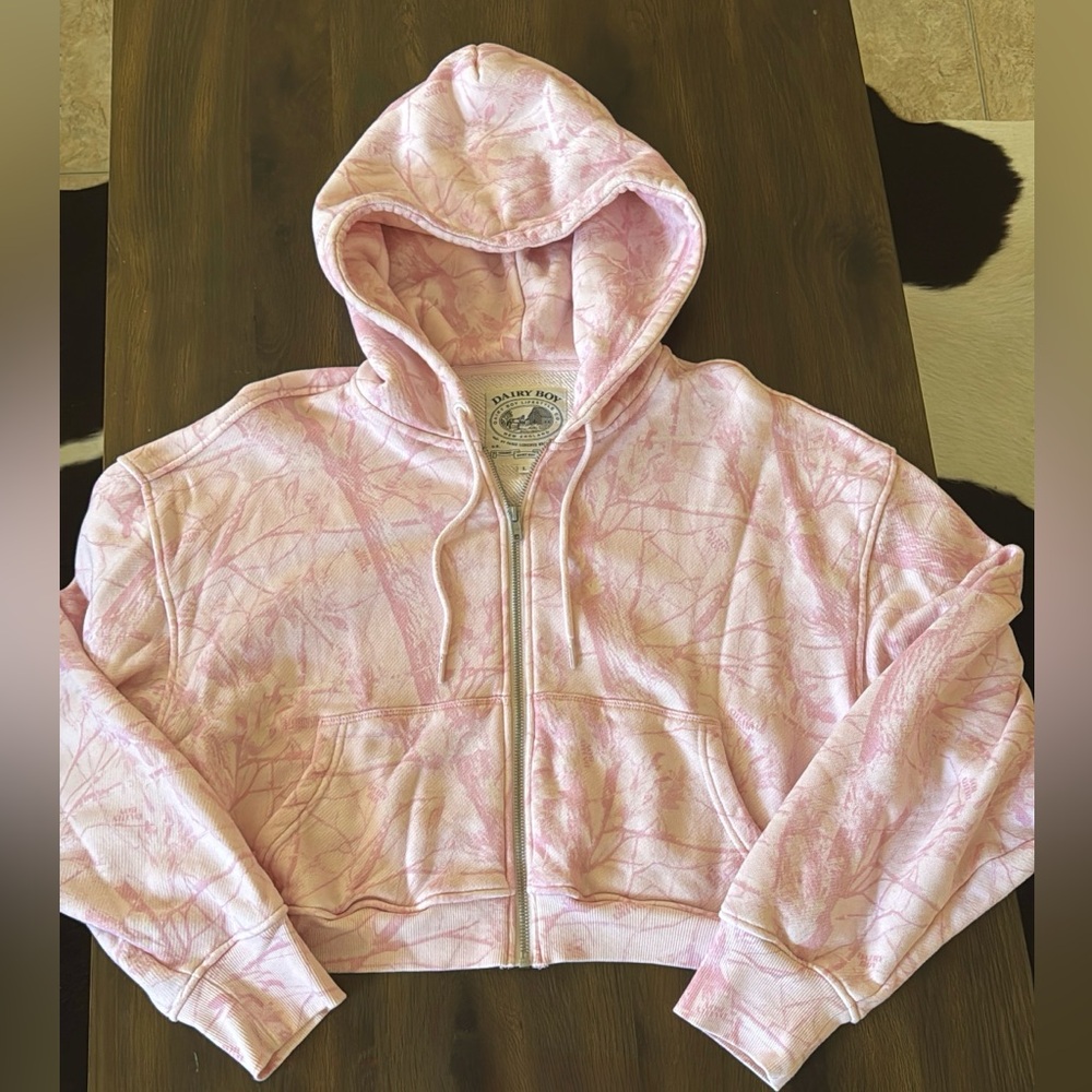 Dairy Boy Bubblegum camo cropped zip hoodie size L
